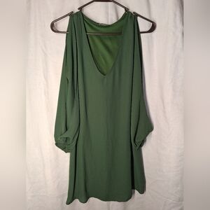Vizio Olive Green V Neck Mini Dress With Exposed Arm Long Sleeves